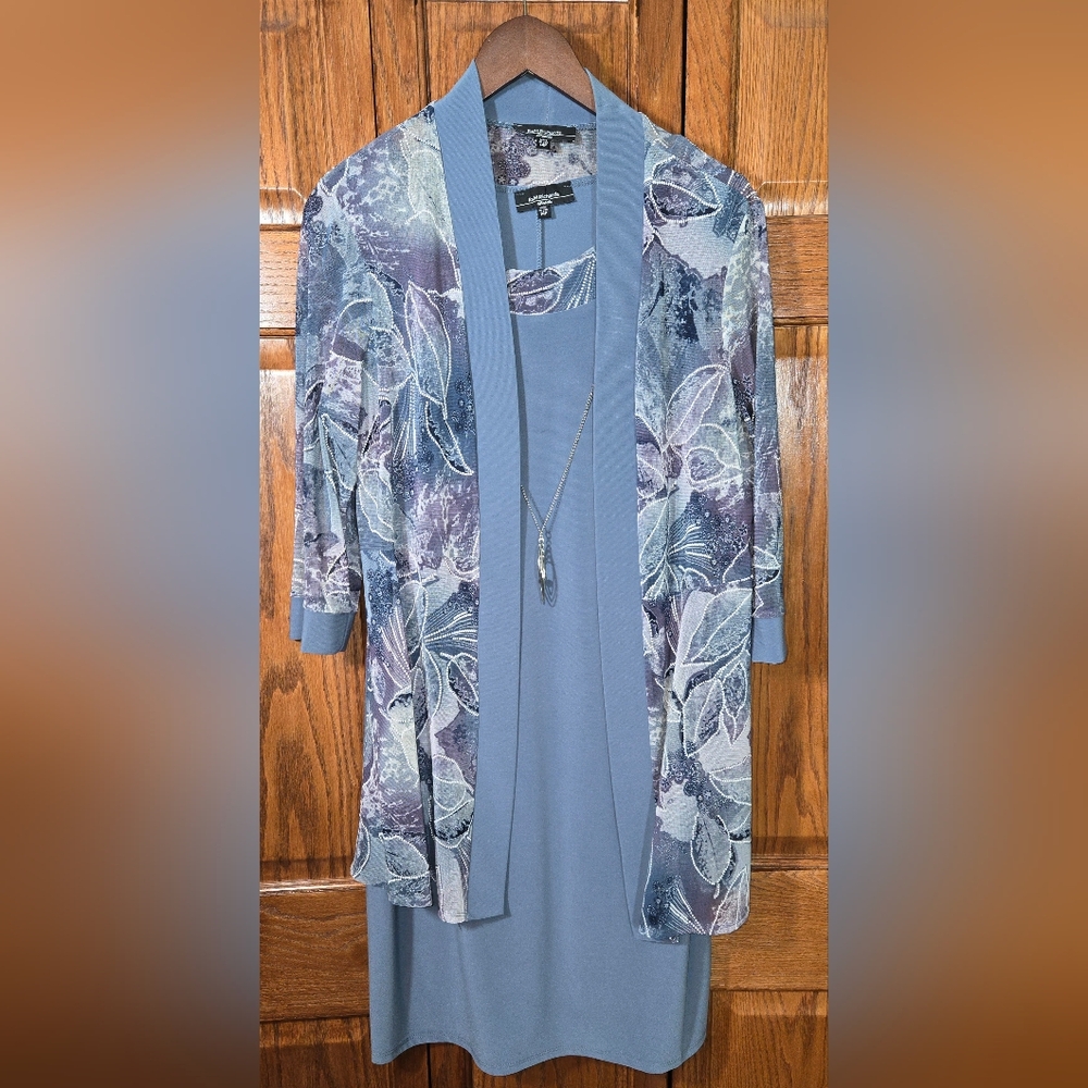 RM Richards 2 Piece 3/4 Sleeve Printed Jacket Sleeveless Dress Gray Purp…